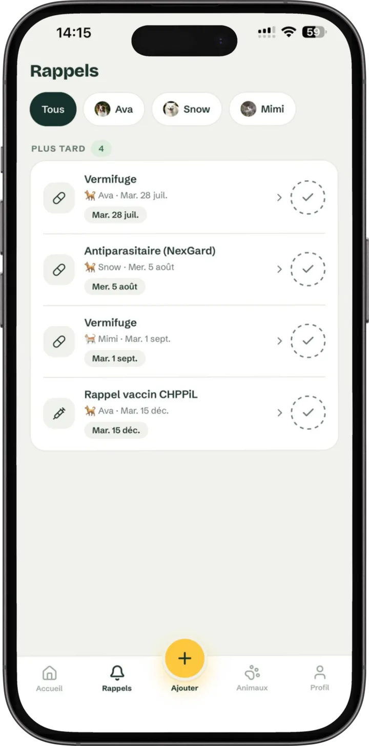L’écran des rappels de soins dans l’application Pattes