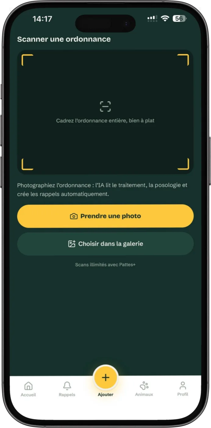 Écran du scan d'ordonnance par IA dans l'application Pattes, avec les traitements détectés depuis la photo de l'ordonnance vétérinaire